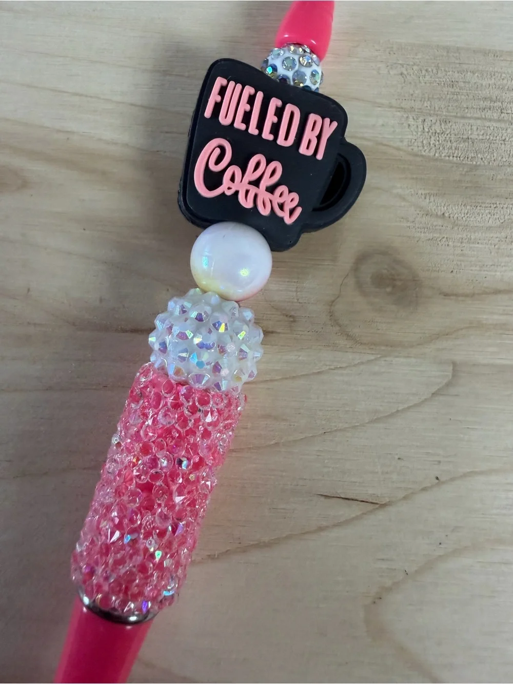Fueled By Coffee Pink Decorative Pen - Glitter Beaded Ballpoint